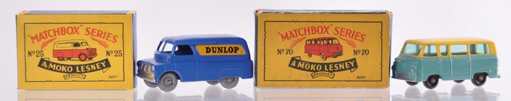 Group of 2 Matchbox Die-Cast Vehicles with Original: Includes No. 70 Thames Estate Car with Teal and Yellow Body, BRW, and Blue/Green Windows, No. 25 Dunlap Van with Blue Body, Metal Wheels, and No Windows. D Moko Box, A Moko Lesney Product, Made in Eng