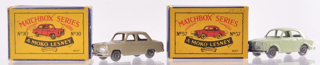 Group of 2 Matchbox Die-Cast Vehicles with Original: Includes No. 30 Ford Perfect with Tan Body, Metal Wheels, and No Windows, No. 57 Wolseley 1500 with Mint Green Body, GPW, and No Windows, D Moko Box, A Moko Lesney Product, Made in England,ÊMIB