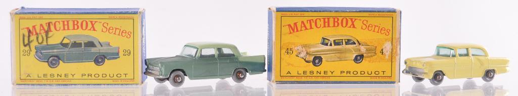 Group of 2 Matchbox Die-Cast Vehicles with Original: Includes No. 45 Vauxhall Victor with Yellow Body, SPW, Blueish Windows, No. 29 Austin A55 Cambridge with Light Blue and Mint Green Body, SPW, and Blueish Windows. A Lesney Product Made in England,ÊMI