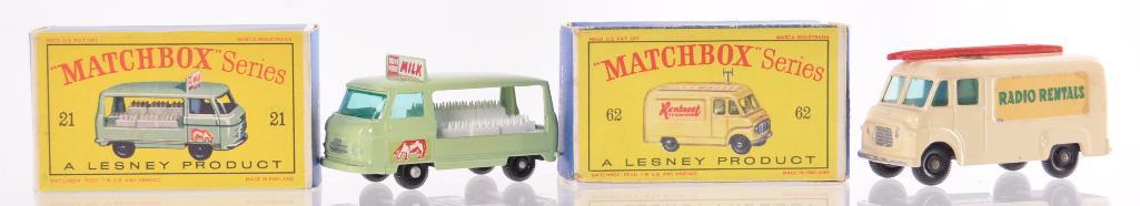 Group of 2 Matchbox Die-Cast Vehicles with Original: Includes No. 62 TV Service Van with Cream Body, BRW, Blue/Green Windows, Missing Antenna, No. 21 Milk Delivery Truck with Mint Green Body, BRW, and Blue/Green Windows, A Lesney Product Made in England