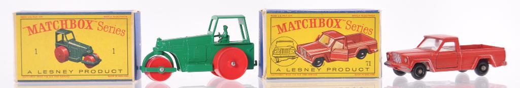 Group of 2 Matchbox Die-Cast Vehicles with Original: Includes No. 71 Jeep Gladiator Pick Up Truck with Red Body and BRW, and No. 1 Diesel Road Roller. A Lesney Product Made in England,ÊMIB