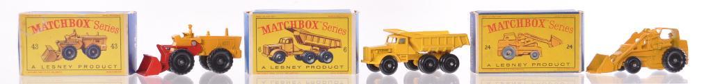Group of 3 Matchbox Die-Cast Vehicles with Original: Includes No. 24 Hydraulic Excavator, No. 6 Euclid Quarry Truck, and No. 43 Aveling Barford Tractor Shovel. A Lesney Product Made in England, Like New Condition, E Boxes
