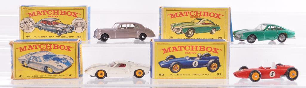 Group of 4 Matchbox Die-Cast Vehicles with Original: Includes No. 41 Ford GT Racer, No. 44 Rolls Royce Phantom V, No. 75 Ferrari Berlinetta, and No. 52 BRM Racing Car. A Lesney Product Made in England, Like New Condition, E Boxes