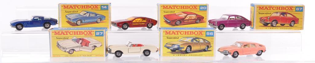 Group of 5 Matchbox Superfast Die-Cast Vehicles with: Includes No. 27 Mercedes Benz 230 SL, No. 14 ISO Griffo, No. 56 BMC 1800 Pininfarina, No. 67 Volkswagen 1600TL, and No. 20 Lamborghini Marzel. A Lesney Product Made in England, Like New Condition, F S