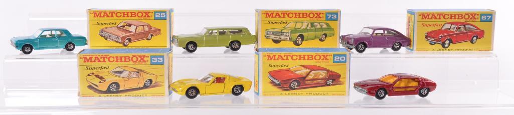 Group of 5 Matchbox Superfast Die-Cast Vehicles with: Includes No. 33 Lamborghini Miura P400, No. 25 Ford Cortina GT, No. 20 Lamborghini Marzal, No. 73 1968 Mercury, and No. 67 Volkswagen 1600TL. A Lesney Product Made in England, F Superfast Boxes.
