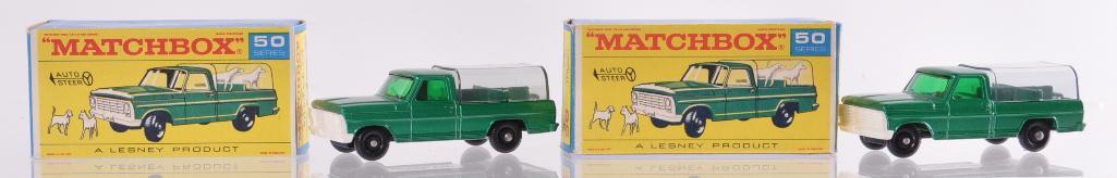 Group of 2 Matchbox Die-Cast Vehicles with Original: Includes 2 No. 50 Kennel Trucks with Green Bodies, Green Windows, and BRW. A Lesney Product Made in England, Like New Condition, F Boxes