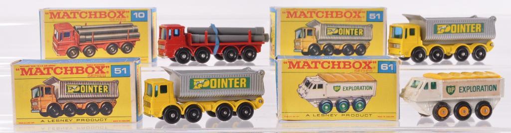 Group of 4 Matchbox Die-Cast Vehicles with Original: Includes 2 No. 51 8 Wheel Tipper (Pointer), No. 10 Pipe Truck, and No. 61 Alvis Stalwart (BP). A Lesney Product Made in England, Like New Condition, F Boxes