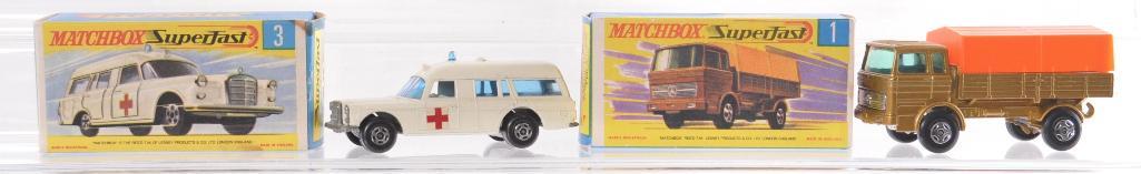 Group of 2 Matchbox Superfast Die-Cast Vehicles with: Includes No. 3 Mercedes Benz Ambulance and No. 1 Mercedes Truck. A Lesney Product Made in England, Like New Condition, G Boxes