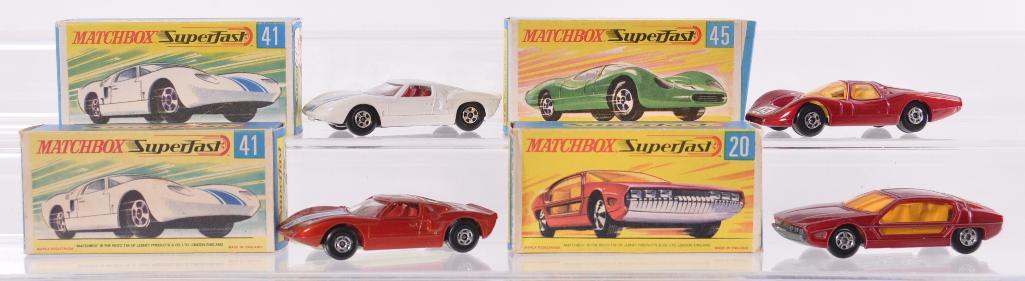 Group of 4 Matchbox Superfast Die-Cast Vehicles with: Includes 2 No. 41 Ford GT's with White and Red Bodies, No. 45 Ford Group 6, and No. 20 Lamborghini Marzal. A Lesney Product Made in England, Like New Condition, G Boxes