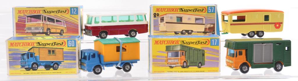 Group of 4 Matchbox Superfast Die-Cast Vehicles with: Includes No. 60 Office Site Truck, No. 12 Setra Coach, No. 17 Horse Box, and No. 57 Trailer Caravan. A Lesney Product Made in England, Like New Condition, G Boxes