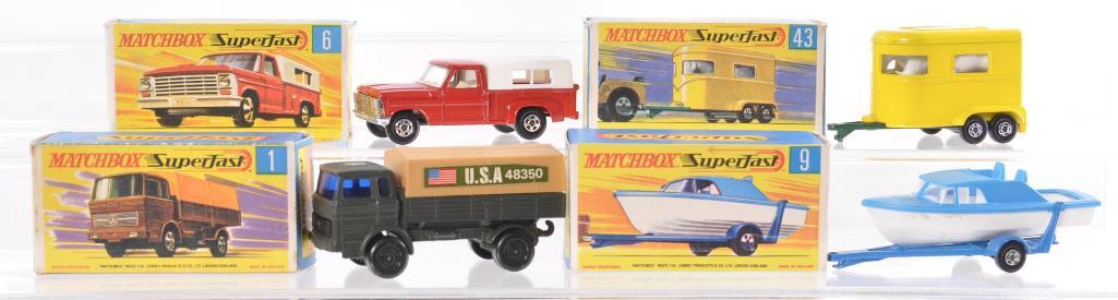 Group of 4 Matchbox Superfast Die-Cast Vehicles with: Includes No. 1 Mercedes Truck, No. 6 Ford Pick Up, No. 9 Boat and Trailer, and No. 43 Pony Trailer. A Lesney Product Made in England, Like New Condition, G Boxes