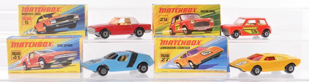 Group of 4 Matchbox Superfast Die-Cast Vehicles with: Includes No. 41 Siva Spyder, No 6 Mercedes 350SL, No. 27 Lamborghini Countach, and No. 29 Racing Mini. A Lesney Product Made in England, Like New Condition, I Boxes