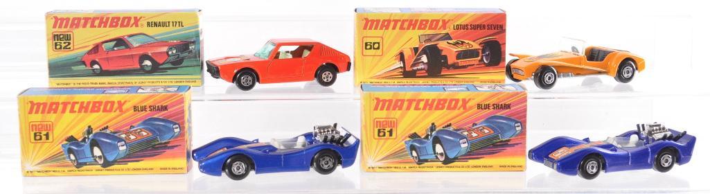 Group of 4 Matchbox Superfast Die-Cast Vehicles with: Includes No. 62 Renault 17 TL, No. 60 Lotus Super Seven, and 2 No. 61 Blue Sharks, A Lesney Product Made in England, Like New Condition, I Boxes