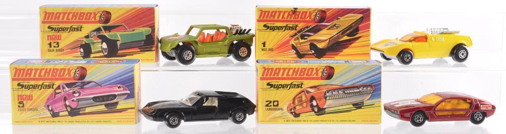 Group of 4 Matchbox Superfast Die-Cast Vehicles with: Includes No. 5 Lotus Europa, No. 13 Baja Buggy, No. 20 Lamborghini Marzal, and No. 1 Mod Rod. A Lesney Product Made in England, Like New Condition, H Boxes