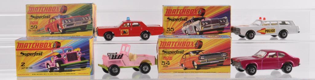 Group of 4 Matchbox Superfast Die-Cast Vehicles with: Includes No. 59 Mercury Fire Chief, No. 1 Jeep Hot Rod, No. 55 Mercury Ambulance, and No. 54 Ford Capro, Some Box Flaws, A Lesney Product Made in England, Like New Condition, H Boxes