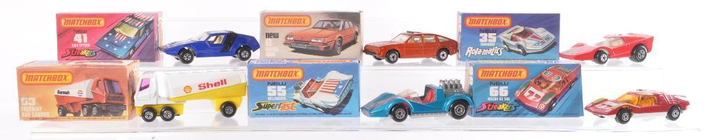 Group of 6 Matchbox Superfast Die-Cast Vehicles with: Includes No. 66 Mazda RX 500, No. 35 Fandango, No. 55 Hellraiser, No. 63 Freeway Gas Tanker, No. 41 Siva Spyder, and No. 8 Rover 3500. A Lesney Product Made in England, Like New Condition, J/K/L Boxes