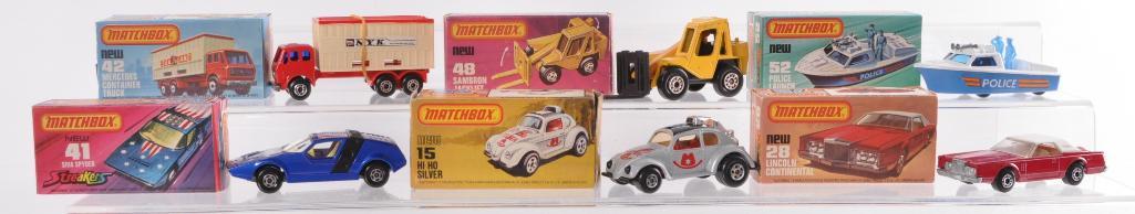Group of 6 Matchbox Superfast Die-Cast Vehicles with: Includes No. 28 Lincoln Continental, No. 52 Police Launch, No. 15 Hi Ho Silver, No. 48 Sambron Jacklift, No. 41 Siva Spyder, and No. 42 Mercedes Container Truck. A Lesney Product Made in England, Like
