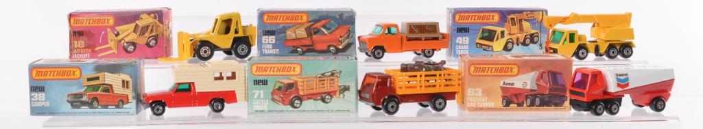 Group of 6 Matchbox Superfast Die-Cast Vehicles with: Includes No. 63 Freeway Gas Tanker, No. 49 Crane Truck, No. 71 Cattle Truck, No. 66 Ford Transit, No. 38 Camper, and No. 38 Sambron Jacklift. A Lesney Product Made in England, Like New Condition, J/K 