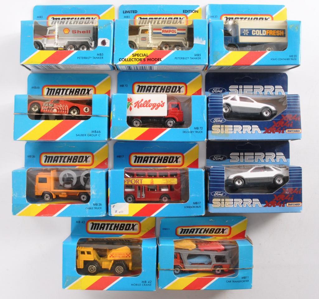 Group of 11 Matchbox Die-Cast Vehicles in Window Boxes: New in Original Packaging, Includes MB11 Car Transporter, MB42 Mobile Crane, MB17 London Bus, and More. A Lesney Product Made in England