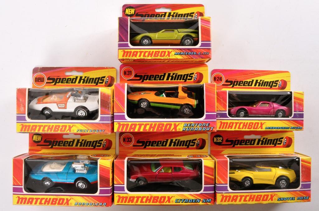Group of 7 Matchbox Speed Kings Die-Cast Vehicles in: Includes K-30, 24, 31, 41, 32, 33, and 36. A Lesney Product Made in England, New Condition