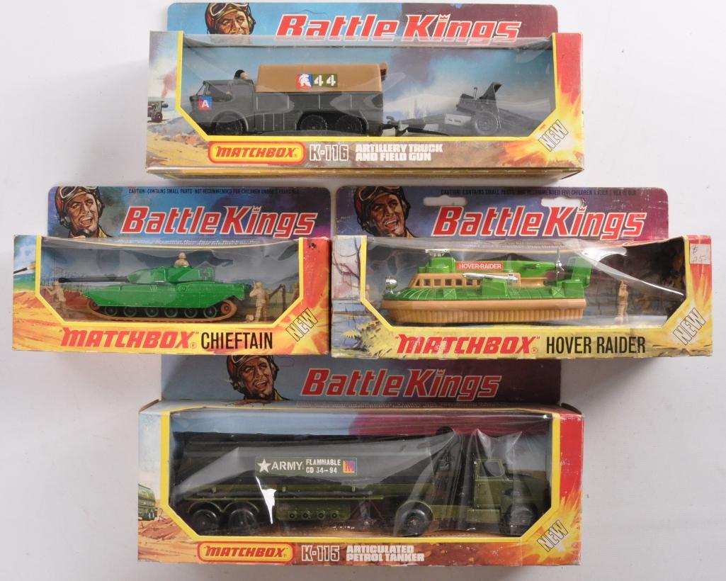 Group of 4 Matchbox Battle Kings Die-Cast Vehicles in: Includes Artillery Truck, Chieftain, Hover Raider, and Articulated Petrol Tanker. A Lesney Product Made in England, Like New Condition