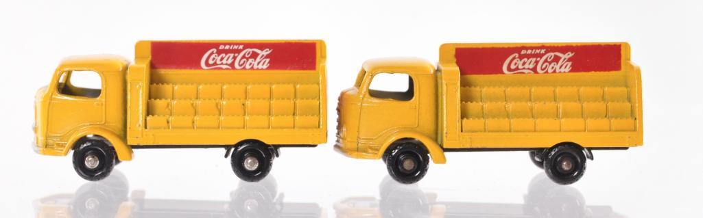 Group of 2 Matchbox No. 37 Coca Cola Karrier Bantam: Both have Yellow Bodies with BRW, Black Base, and No Windows. A Lesney Product Made in England