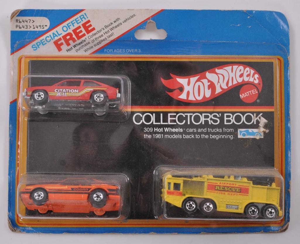 Hot Wheels Special Offer 1981 Collectors Book Gift Set: Includes Cobra, Citation X11 , and Airport Rescue Fire Engine.