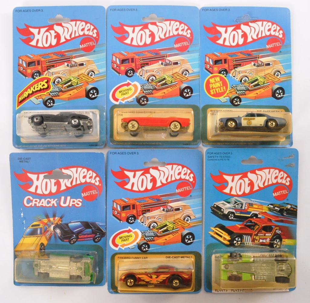 Group of 6 Hot Wheels Die-Cast Vehicles in Original: Includes Bubble Gunner, Firebird Funny Car, Smash Hit, and More. Some Blister Damage, New in Original Packaging