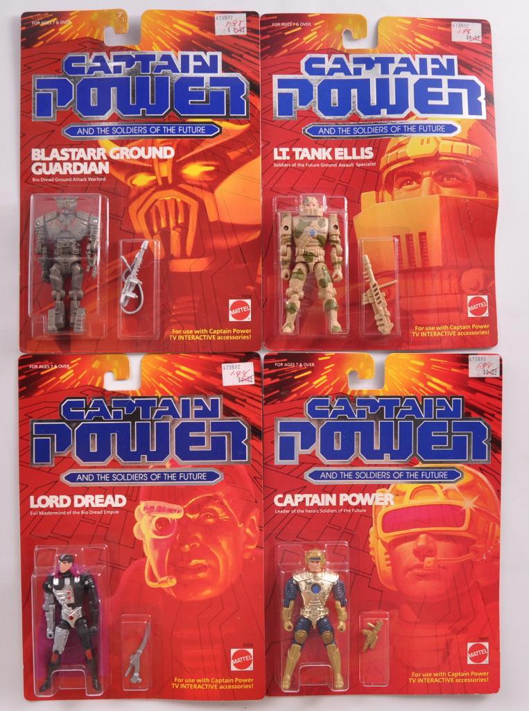 Group of 4 Captain Power Action Figures in Original: Includes Captain Power, Lord Dredd, Lt. Tank Ellis, and Blastarr Ground Guardian. Mattel, New in Original Packaging
