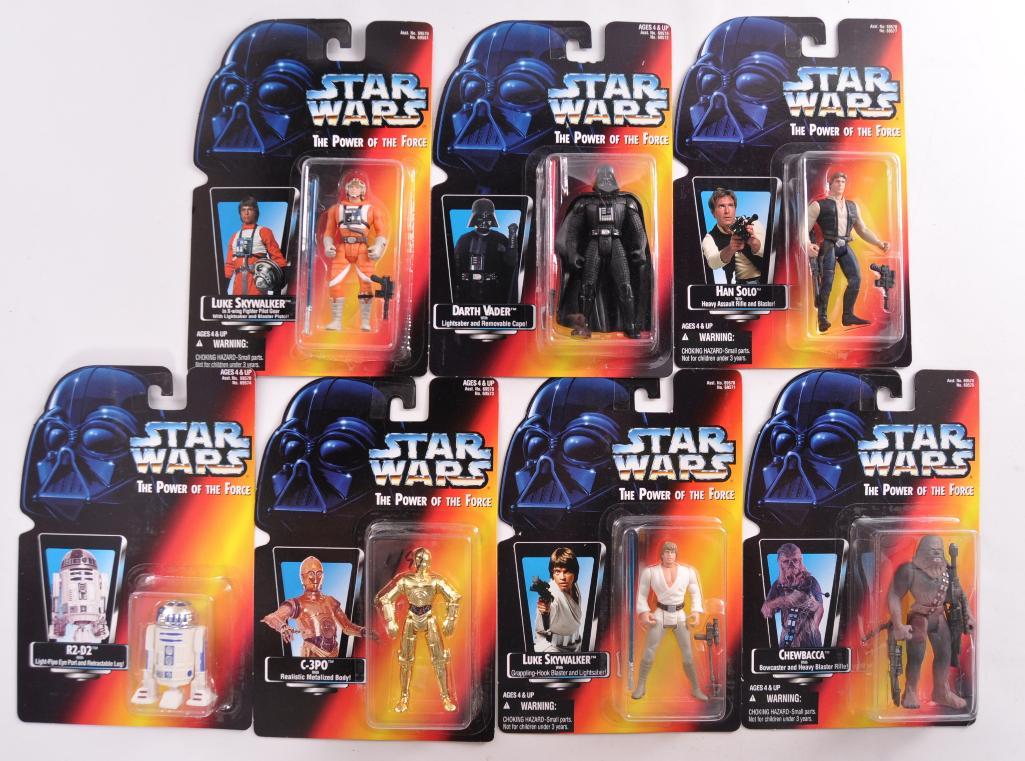 Group of 7 Star Wars Power of the Force Action Figures: 1995 Kenner, Includes Luke Skywalker, Darth Vader, Han Solo, and More. New in Original Packaging