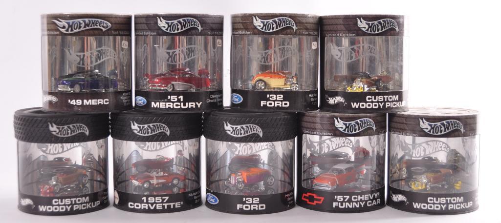 Group of 9 Hot Wheels Die-Cast Vehicles in Original: Includes Custom Woody Pick Up, 32 Ford, 57 Chevy, and More. New in Original Packaging