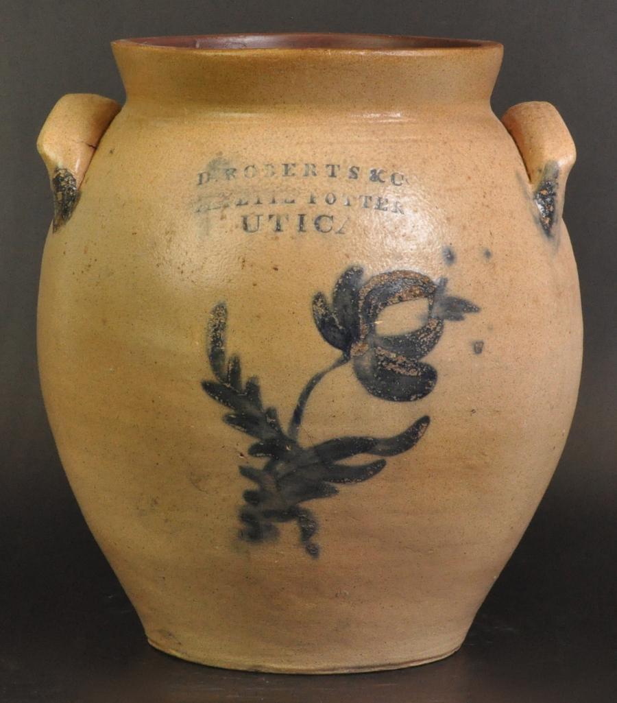 Antique 2 Gallon D. Roberts & Co. Utica Ovoid Stoneware: Cobalt Floral Decoration 10 x 12 inches, Some Chips