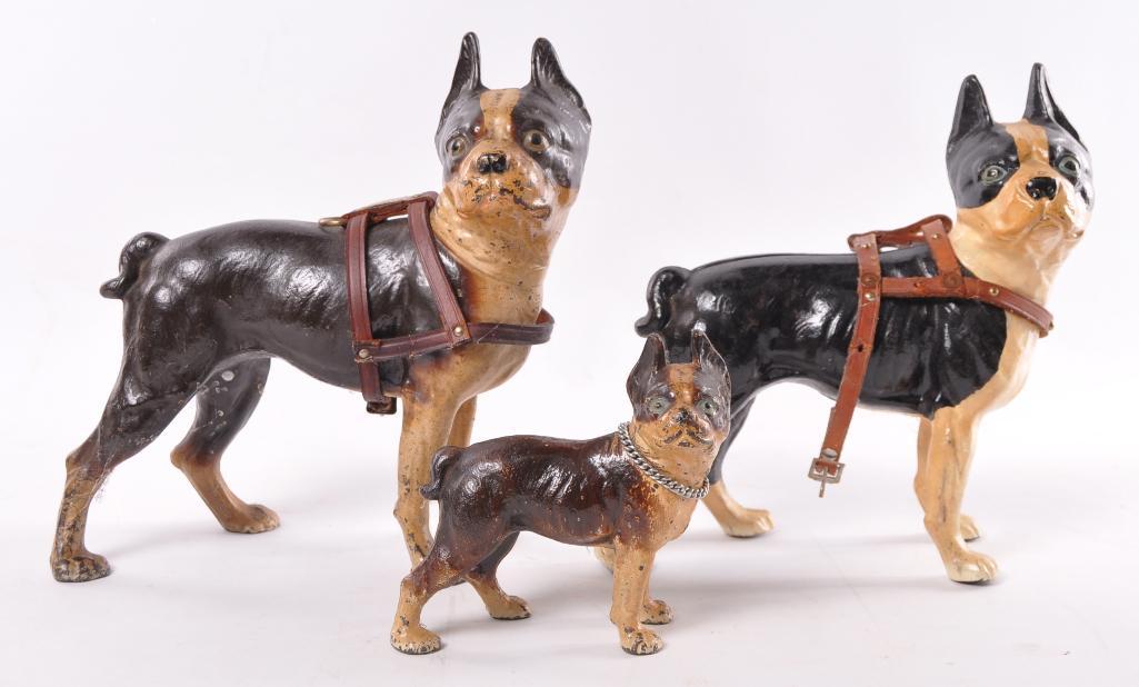 Group of 3 Antique Boston Terrier Doorstops and Coin: Largest 9 x 3 x 10 1/2 inches