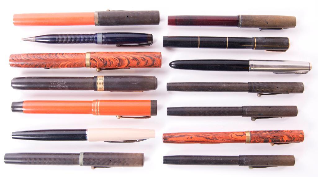 Group of 14 Antique Fountain Pens: Includes Waterman's #8, Ideal, Parker, Pentel, some with Gold Nibs.