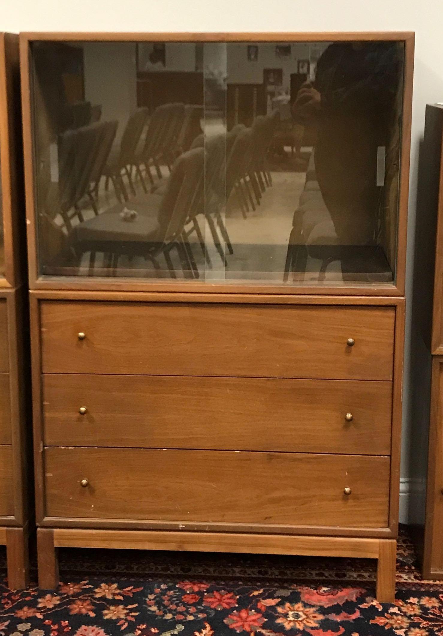 Mid Century Stacking Cabinet Pieces: Glass front and 3 drawer. Total height is 52 inches. 34x17. Some wear.ÊShipping is not available for this lot, pick-up only at our Gallery in Ottawa