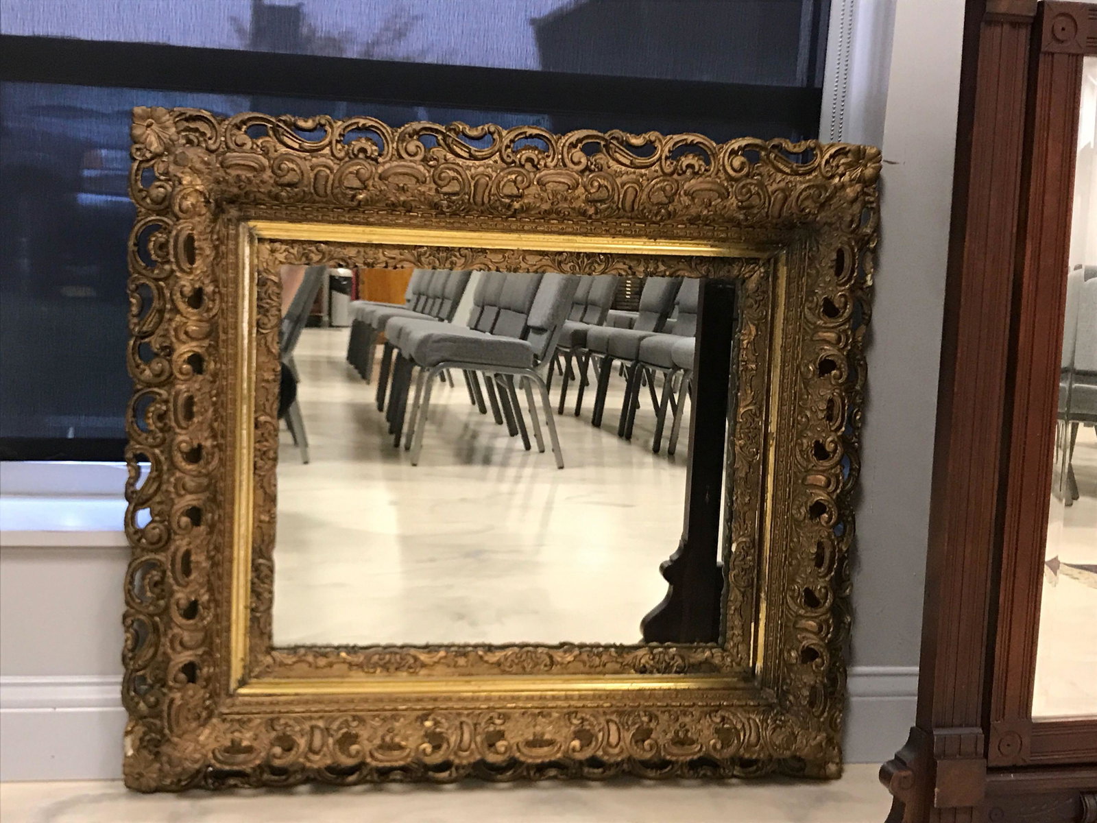 Antique Ornate Framed Mirror: 37x34, some wear/damage. Heavyweight.ÊShipping is not available for this lot, pick-up only at our Gallery in Ottawa