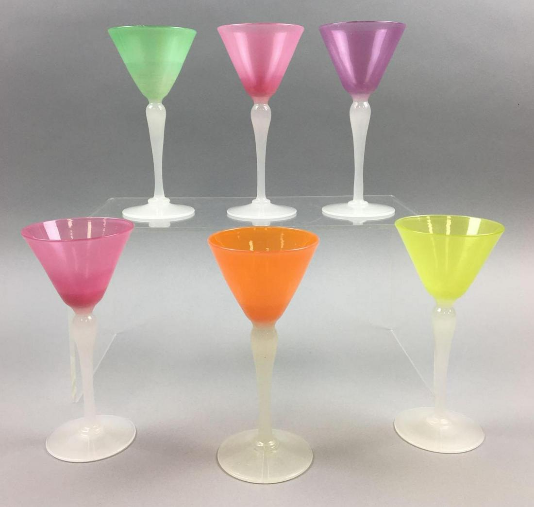 Set of 6 : Steuben Wine Glasses: Each of these colorful Steuben Wine Glasses with Alabaster Stem measure 6-1/2 x 3 inches