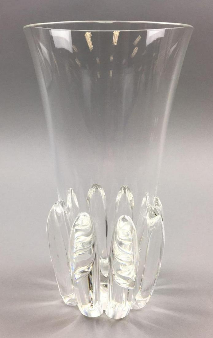 Steuben Clear Crystal Lotus Vase (1942) by George: This Steuben Clear CrystalÊLotus Vase, (George Thompson design # 7914) standsÊÊ8-3/4 inches. The Clear glass trumpet formÊwith applied elements is base marked "Steuben"; and is in excellent condit