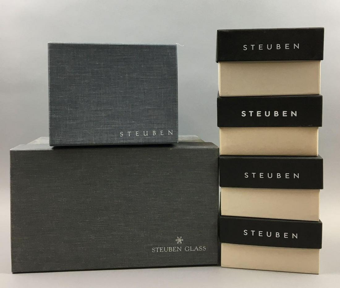 Set of 6 : Steuben Boxes: Largest Steuben cardboard box measures 7 x 12 x 7 inches; one measures 4 x 7-1/2 x 6 inches; the other four measure 3-1/2 x 6 x 6 inches