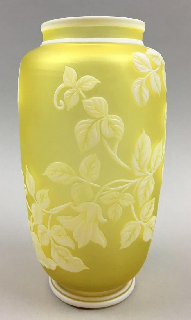 Lemon Yellow and Alabaster Cameo Art Glass Vase: This attractive vase measures 6 x 3-1/4 inches and features high relief vines, flowers and butterflies in flight. Very good condition without chips or flaws