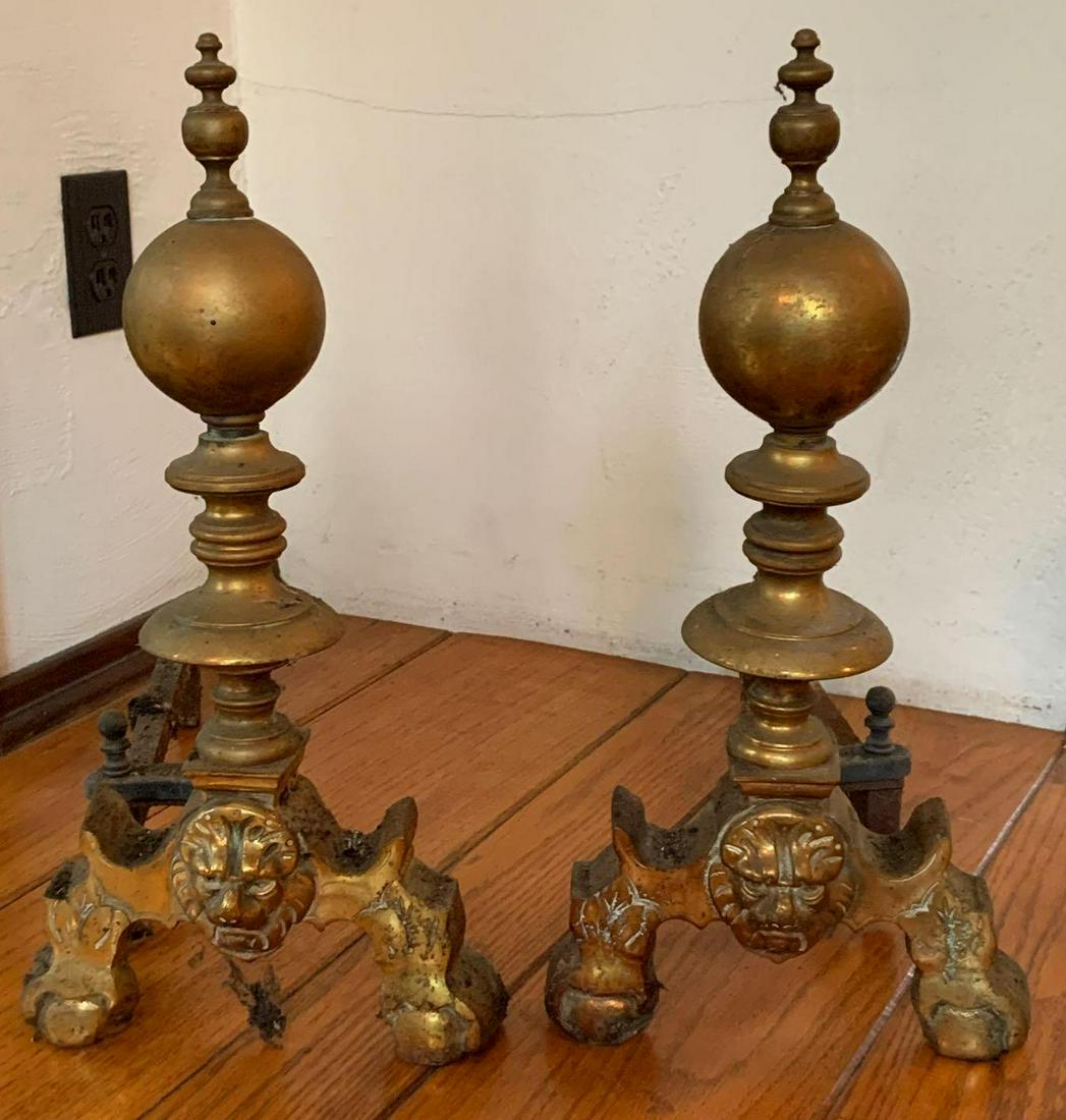 Antique Brass Lion Head Andirons: 19x9x18 inches