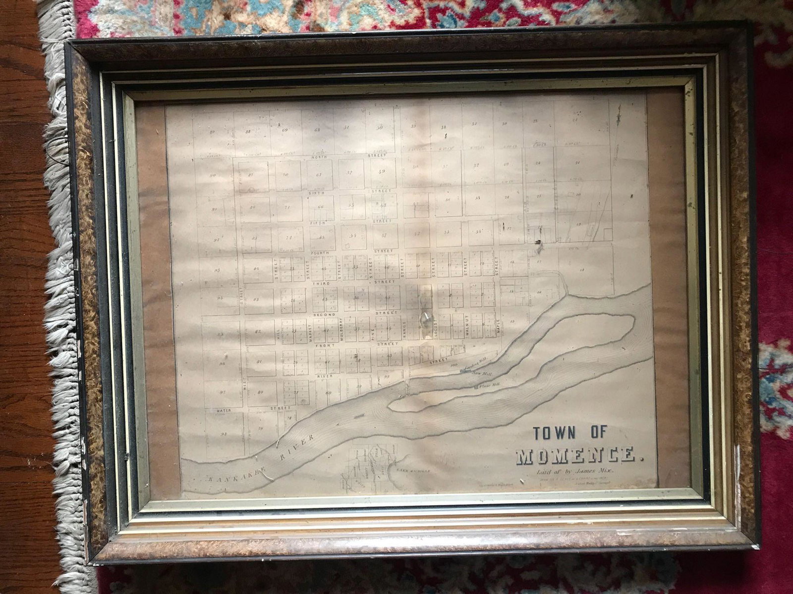 Circa 1860-70s Framed Town Map of Momence, Illinois: In antique frame measures 25 by 31 inches