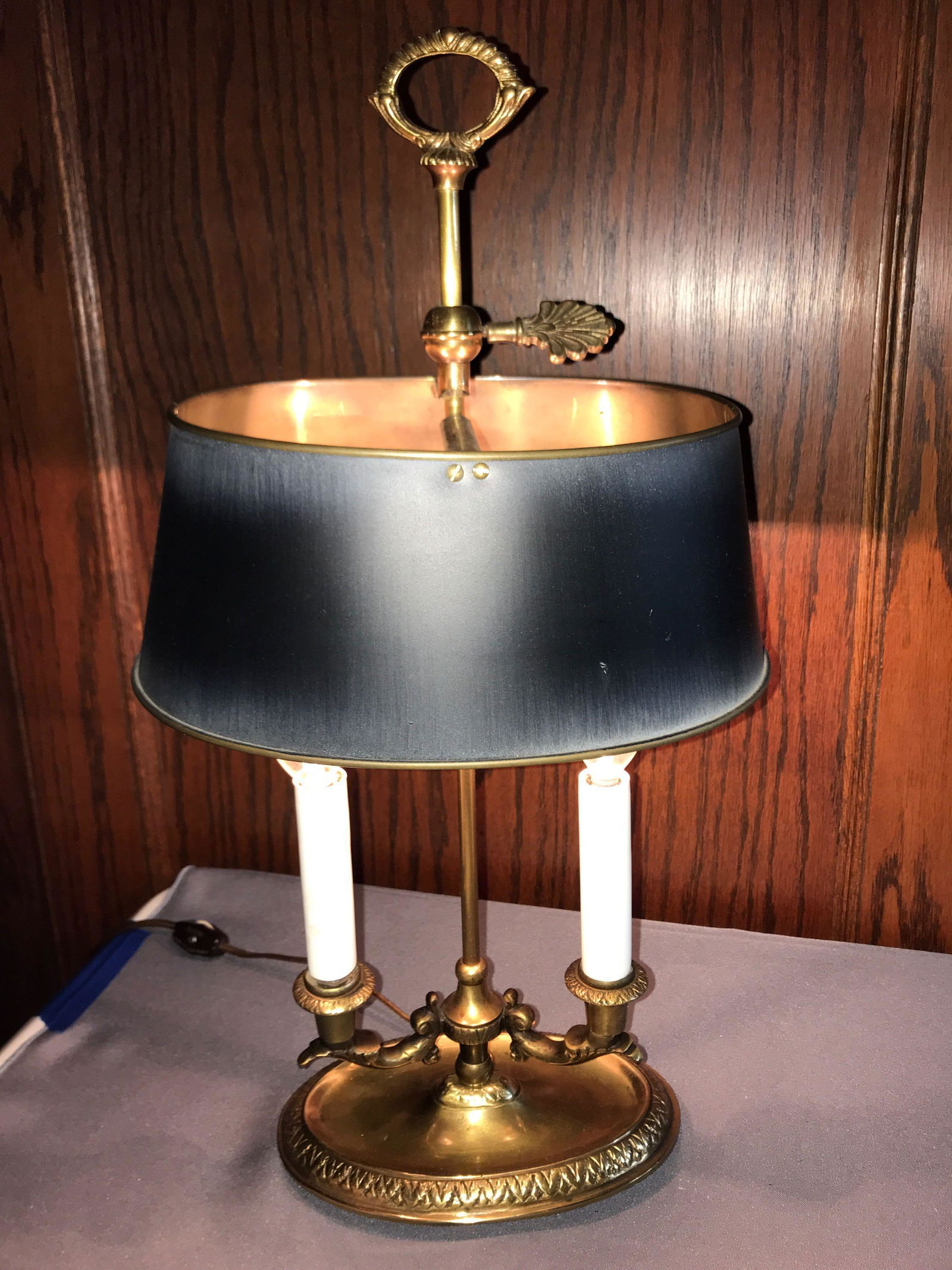 Vintage Candlestick Table Lamp: Working condition, 20 inches tall. One arm of shade is not connected.