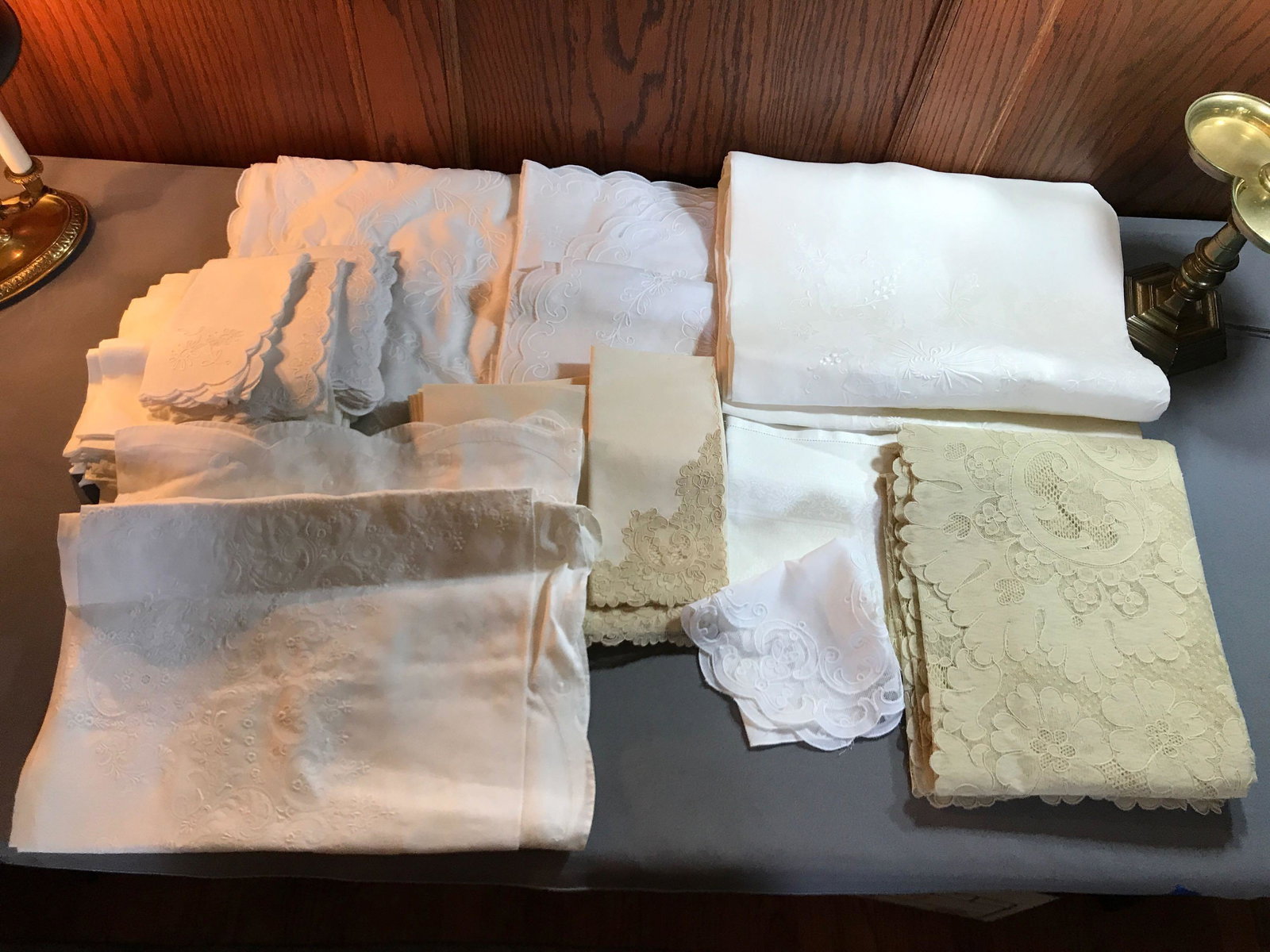 Group of antique linens: Lace, possibly silk. Lovely pieces