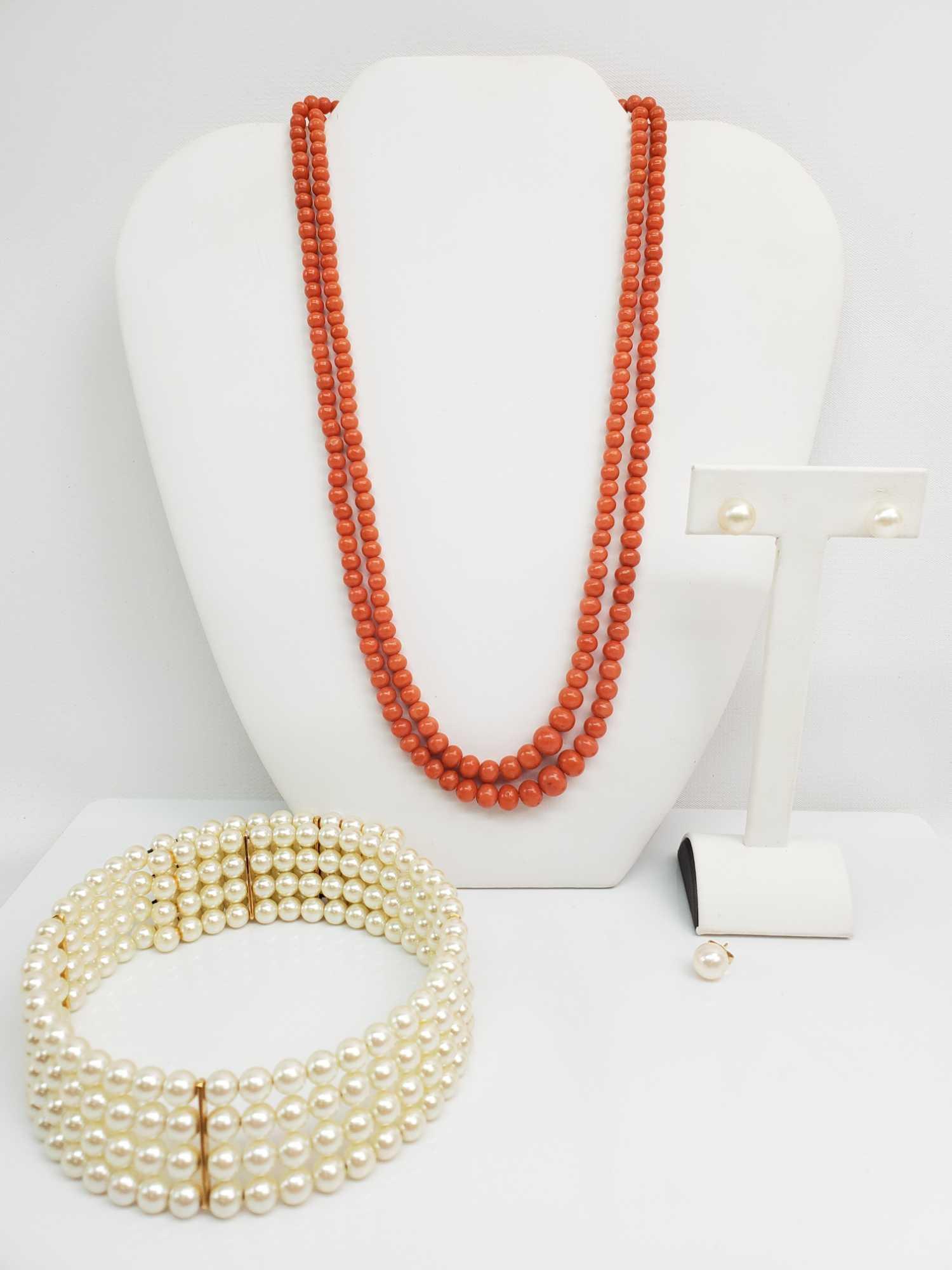 Pearl Choker w/14k Yellow Gold Earrings and Coral Bead: Four-Strand Wire Strung Adjustable Pearl Choker with Yellow Gold Accents and matching 14k yellow gold post Pearl earrings (1.9g). 19 inch vintage double strand graduated coral bead Necklace (will requ