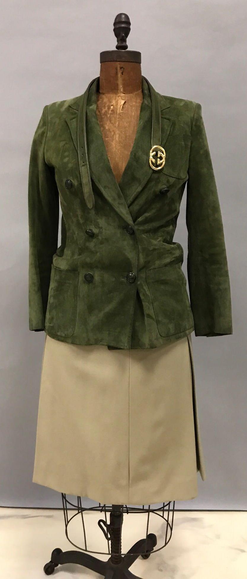 Vintage Gucci Women's Jacket and Wool Skirt: All measurements approximate, shoulder 16, waist 29, outside sleeve 23.5, inside 17, bust 37, length 27. Suede jacket with belt and wool skirt