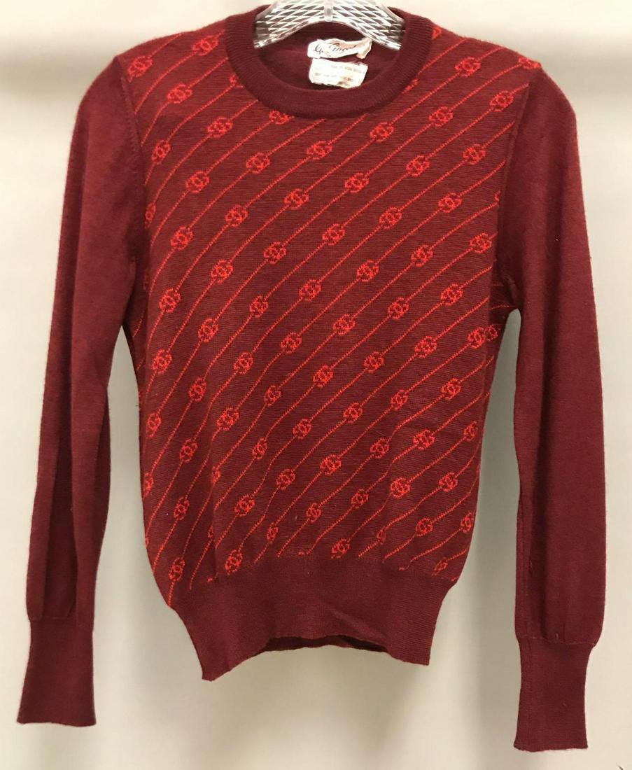 Vintage Gucci Women's Cashmere blend Cranberry Crewneck: Size 44. measurements approximate, shoulder 14.5, outside sleeve 23, inside 16.5, bust 34
