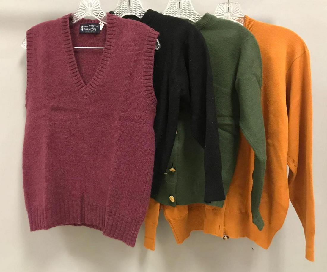 Group of 4 : Vintage Burberry Women's Sweaters: 3 cardigans, 1 vest, wool. Loose button on orange. Measurements approximate shoulder 15, outside sleeve 22, inside 22, bust 42
