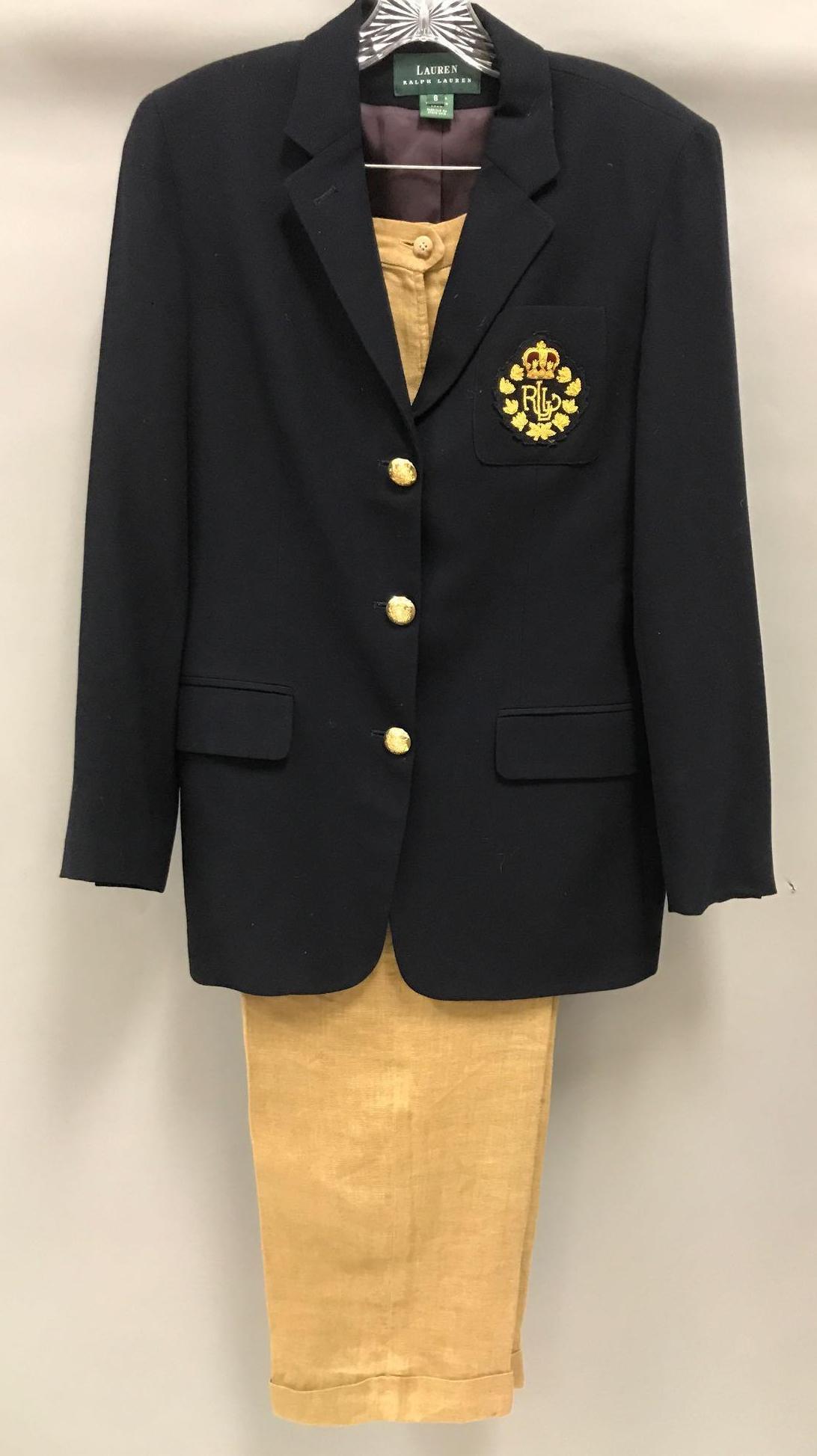 Vintage Ralph Lauren Women's Blazer and Pants Set: Jacket size 8, pants 10. Measurements approximate, shoulder 17, waist 31, outside sleeve 24, inside 16, bust 38. Outside seam 40, inseam 28.5. Wool jacket, linen pants