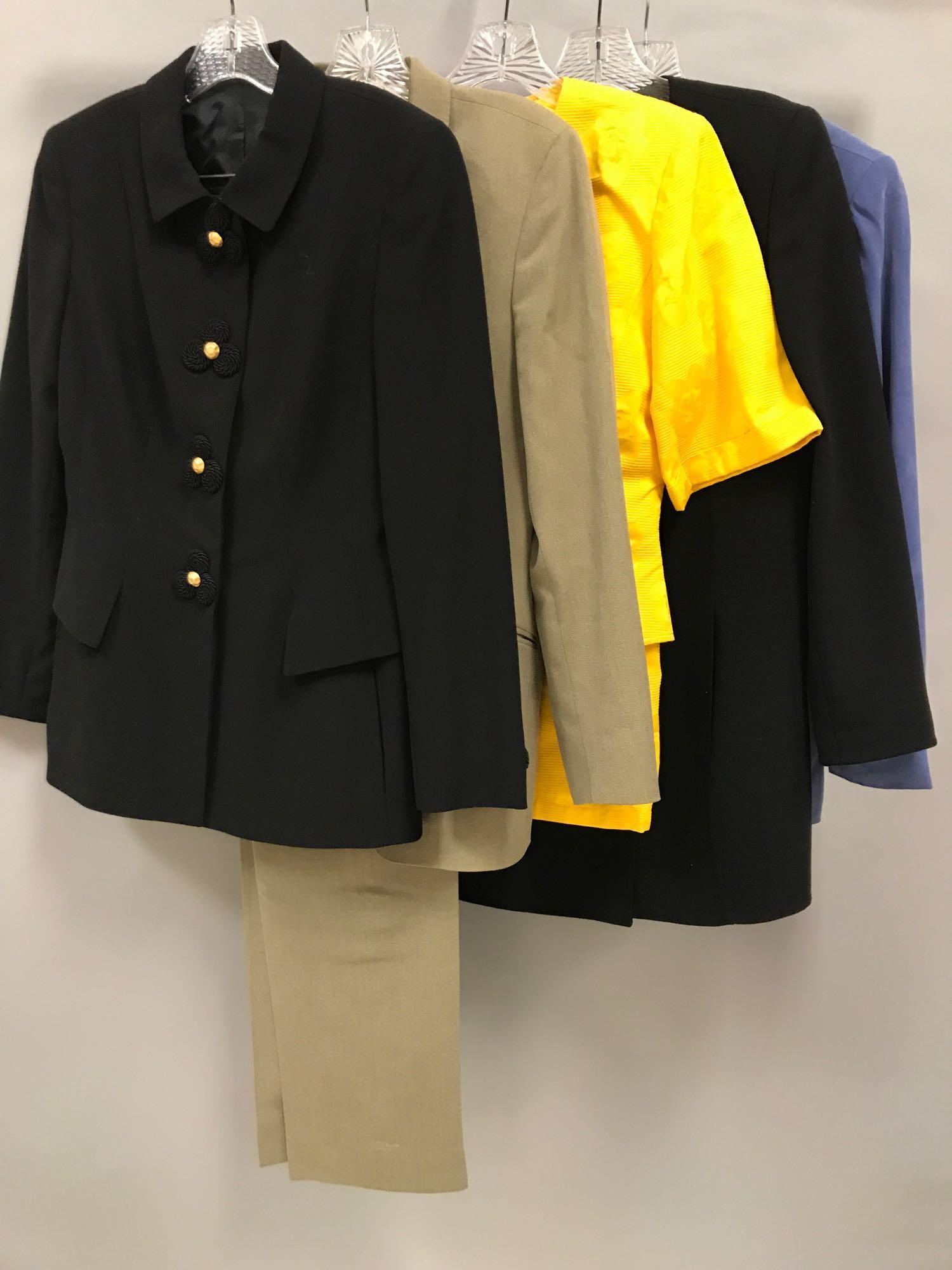 Group of 5 : Women's Vintage Pants and Skirt Sets -: Yellow is missing button. Anne Klein, Akris, Ungaro. Silk, linen/cotton, wool. Measurements approximate, shoulder 15, waist 30, outside sleeve 24, inside 16, bust 40, length 24